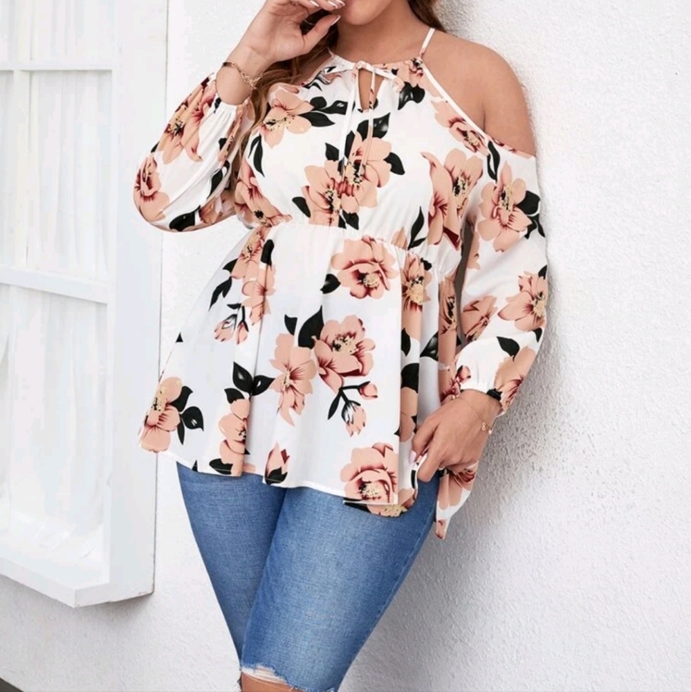 New! Floral Print Knot Front Cold Shoulder Blouse 2XL/16 NWOT